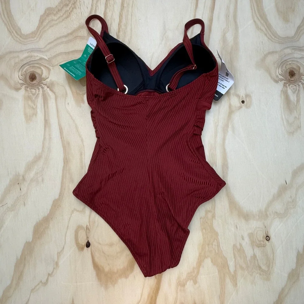 Leonisa Burgundy Ribbed Slimming Compression One Piece Swimsuit 19A057F Size L